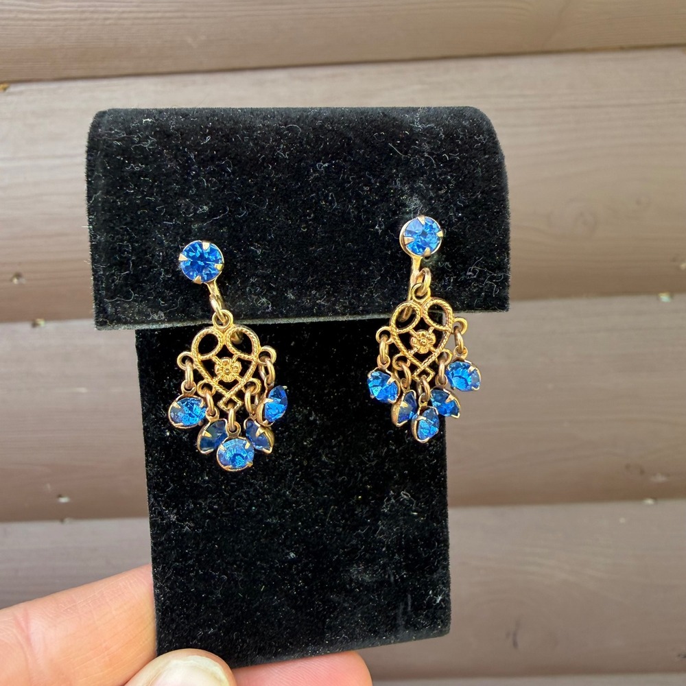Vintage Chandelier Earrings Women Blue Rhinestone Gold Tone Filigree Screw Back